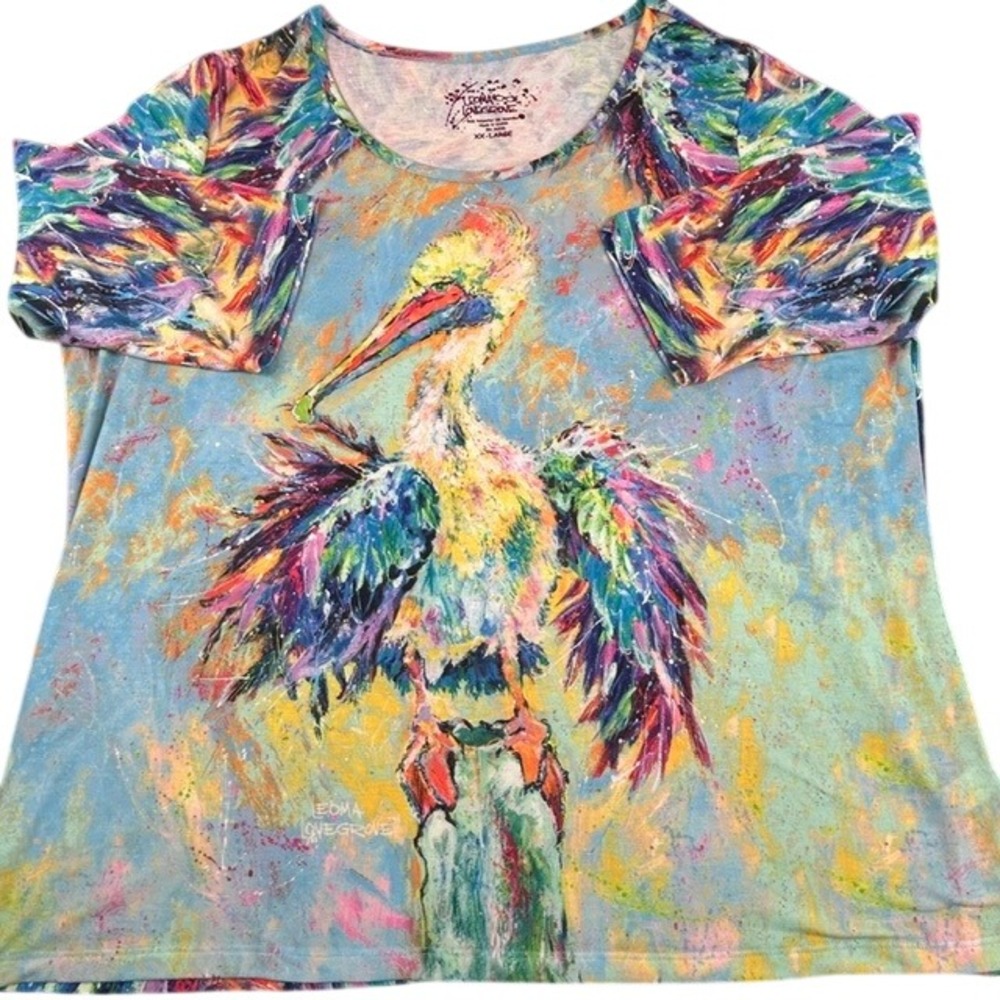 Leoma Lovegrove Multicolor Watercolor Pelican 3/4 Sleeve Blouse XXL Artist